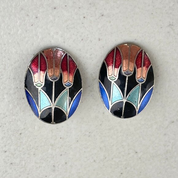 Vintage Cloisonne' Earrings Clip on 1980s Abstract Tulip Flower Art to Wear - Picture 1 of 3